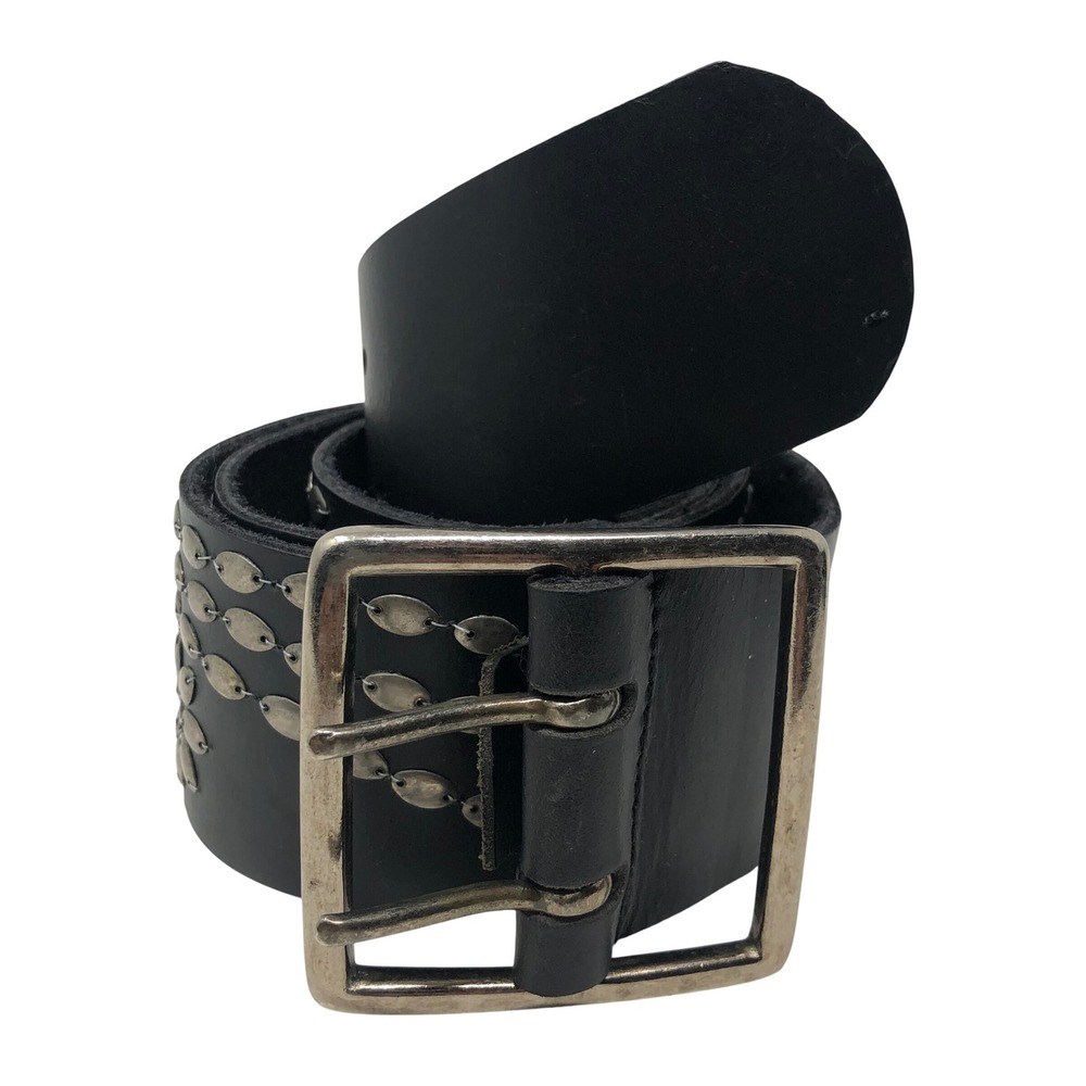 Sundance Belt Large Black Studded Leather Floral Double Prong Buckle Wide Boho